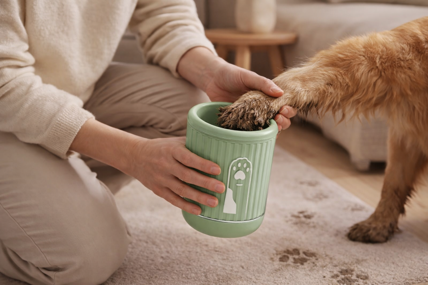 dog paw cleaner cup in green, orange and blue on clean modern background