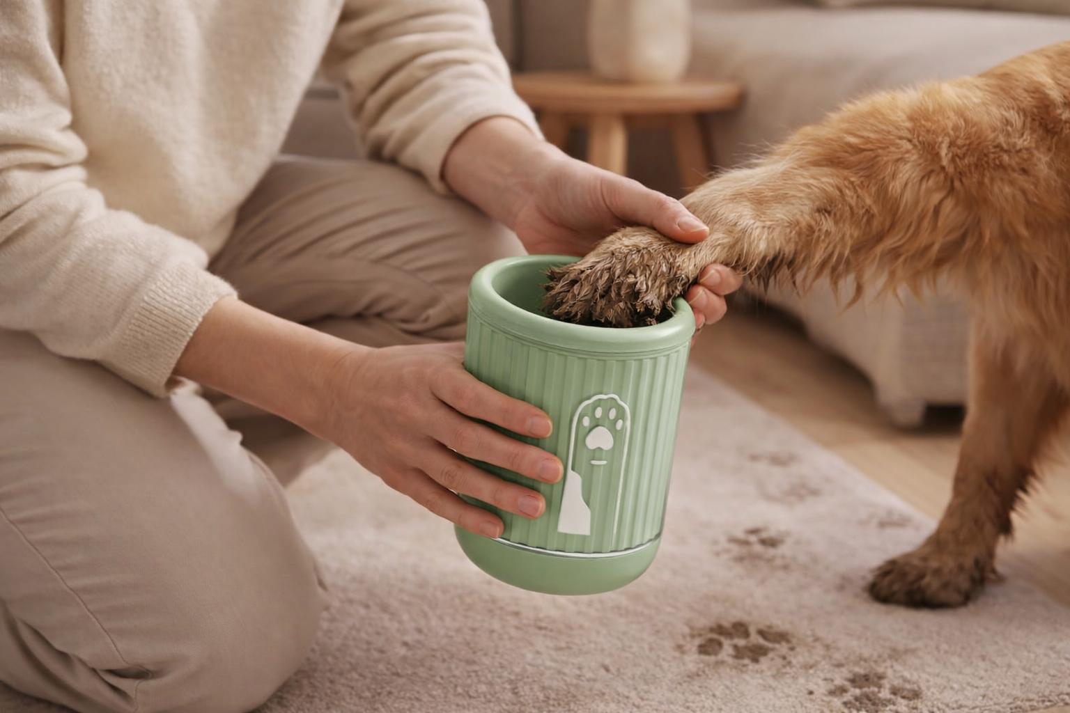 dog paw cleaner cup in green, orange and blue on clean modern background
