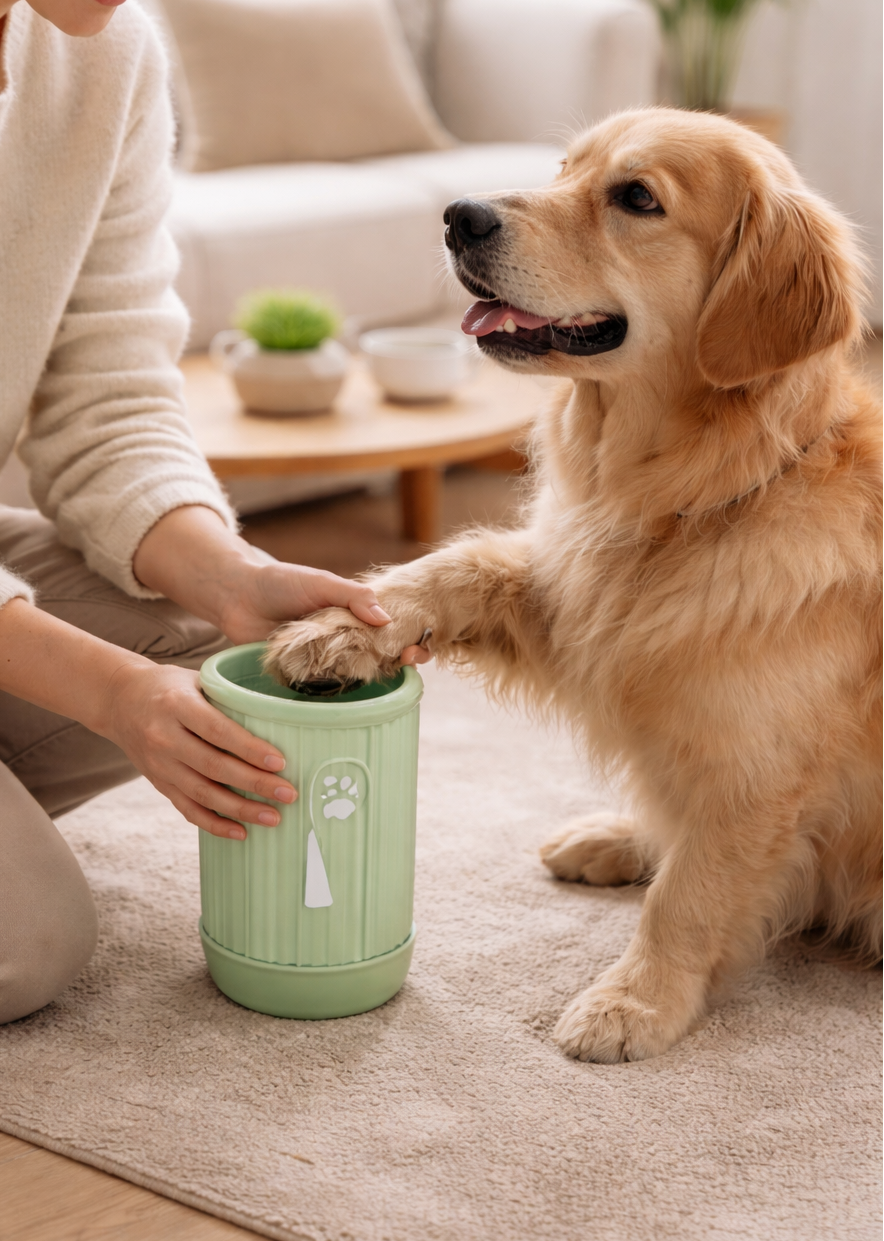 dog paw cleaner cup in green, orange and blue on clean modern background