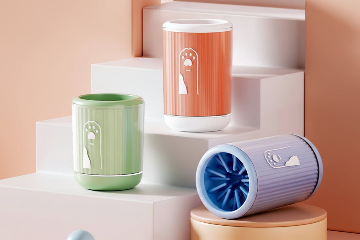 dog paw cleaner cup in green, orange and blue on clean modern background