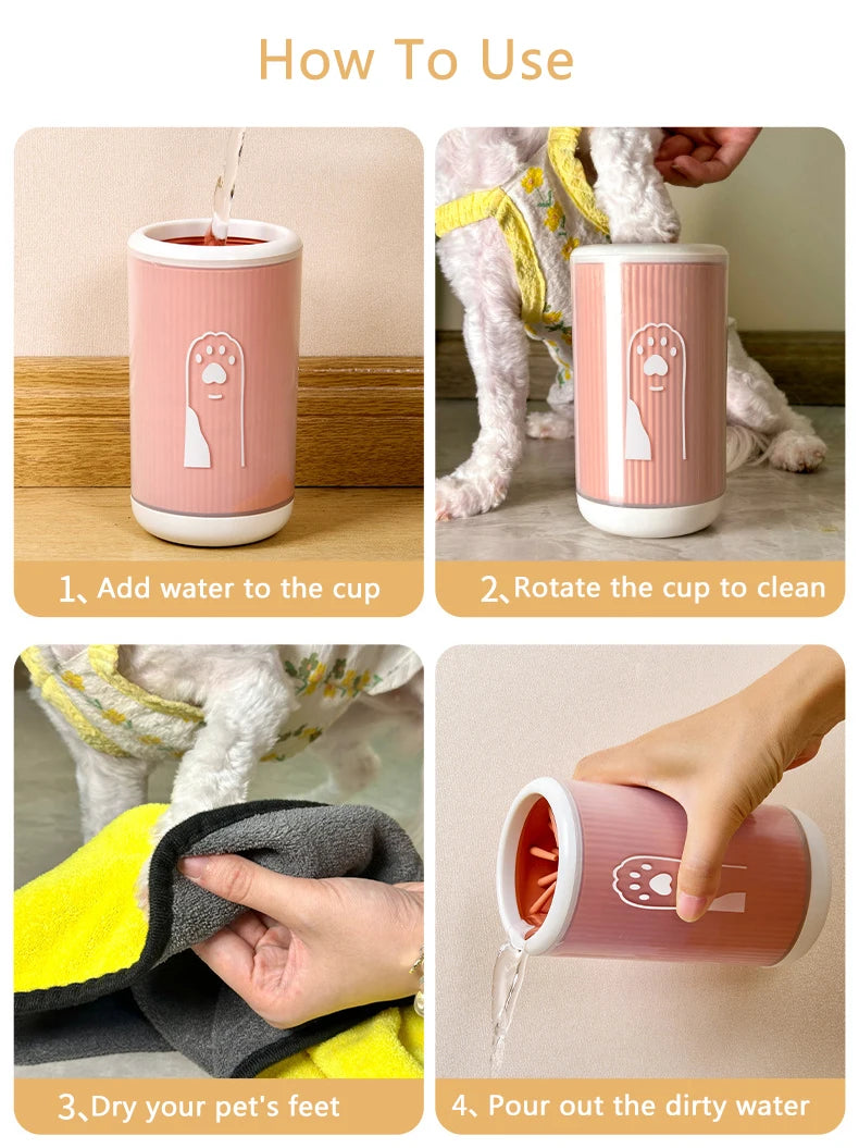 dog paw cleaner cup in green, orange and blue on clean modern background